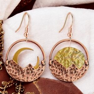 🆕️Boho Chic Sun & Moon Dangle Earrings 🌙 Hammered Gold & Rose Gold Lightweight